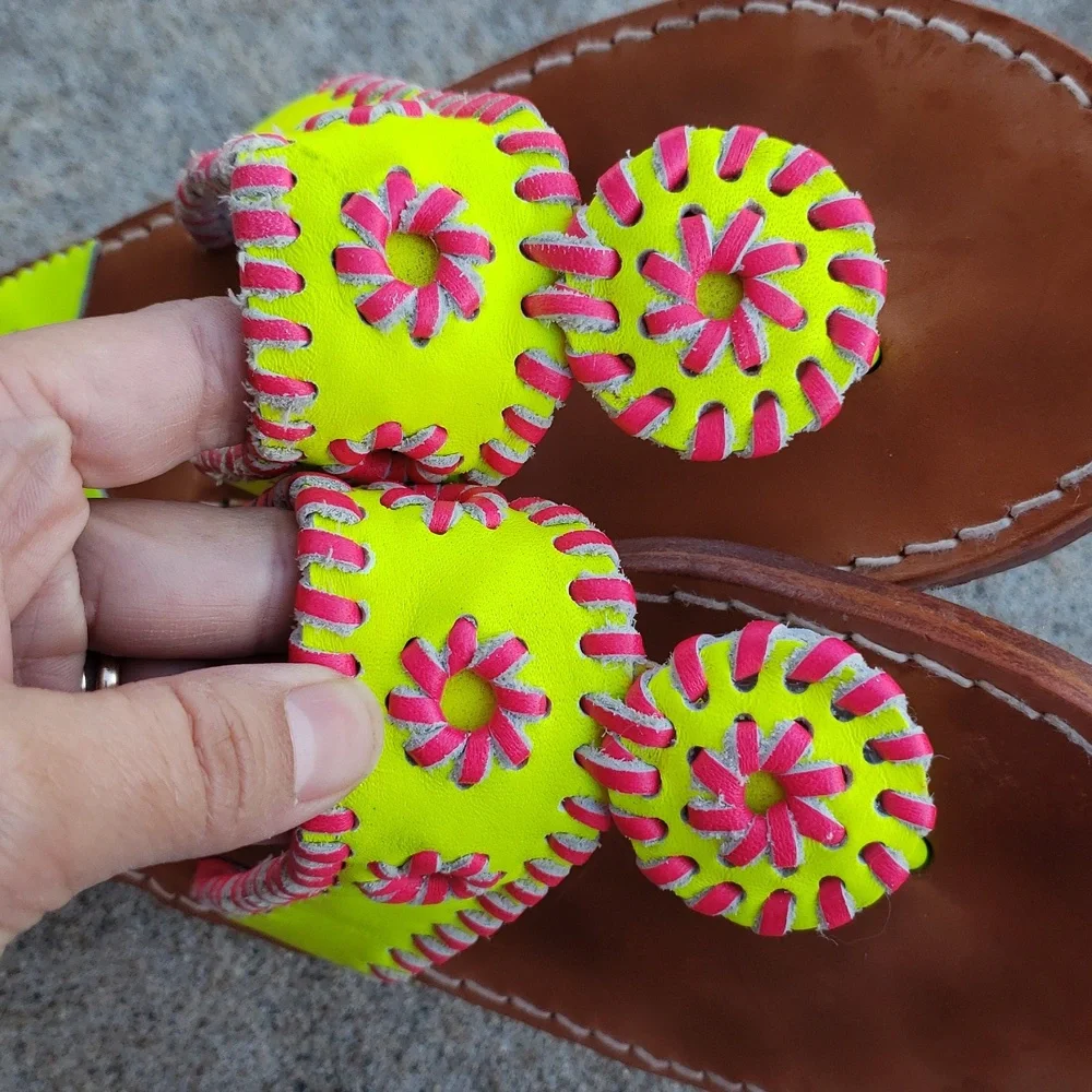 Palm Beach Handmade Leather Neon Green Pink Sandals Size 8 Beachy Tropical USA - Picture 12 of 16